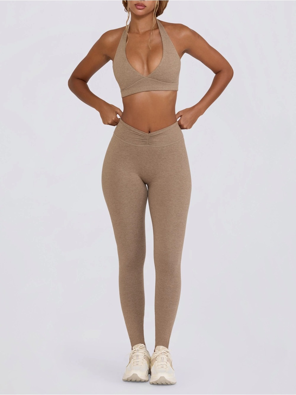 Oh Polly bo+tee ruched mid rise leggings and sports bra set